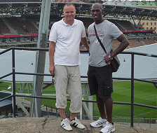 Coach Greg Richards and Kimmo Saaristo (Finnish 100m championship 1983 - 1986) overlooking the 1952 Olympic Stadium in Helsinki